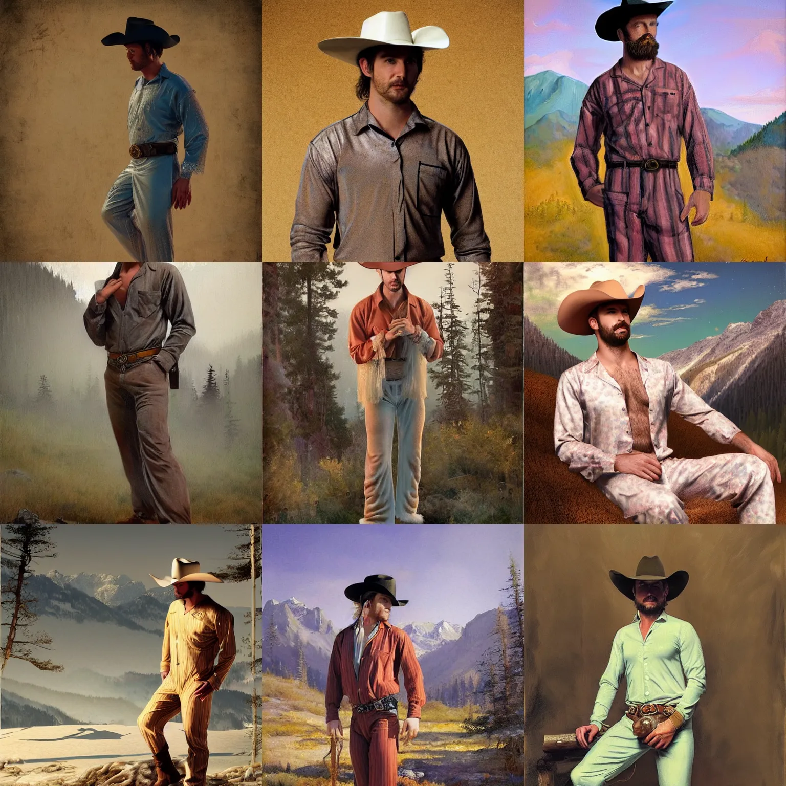 Prompt: a beautiful ethereal homoerotic full - body portrait of a cowboy wearing a tight pajamas | he's wearing a cowboy hat | background is a cabin in the mountains | muted colours, dreamlike | by mark maggiori and frederic remington | trending on artstation