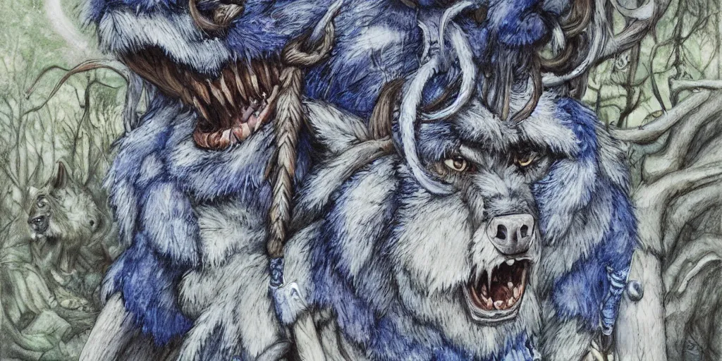 Prompt: realistic painting of an anthropomorphic werewolf, furry, blue / white fur, in a misty forest at night, with braids and beads in mane, native american clothing, heavily detailed, early 2 0 0 0 s, in the art style of quetzecoatl, using watercolor, ink, colored pencil, mid shot