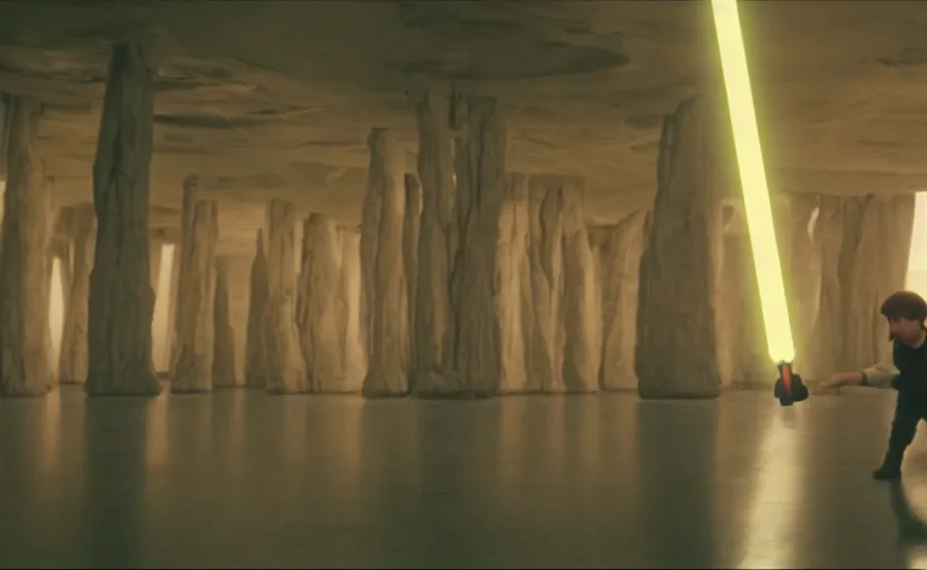 Image similar to screenshot of master Luke Skywalker alone in a a Jedi Temple, objects floating around him, iconic scene from the 1970s thriller directed by Stanely Kubrick film, color kodak, ektochrome, anamorphic lenses, detailed faces, moody cinematography