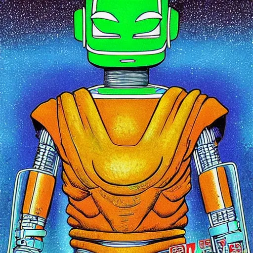 Image similar to beautiful portrait of the colorful masked humanoid android, vivid colors, intricate, highly detailed, masterful, in the style of moebius, akira toriyama, jean giraud