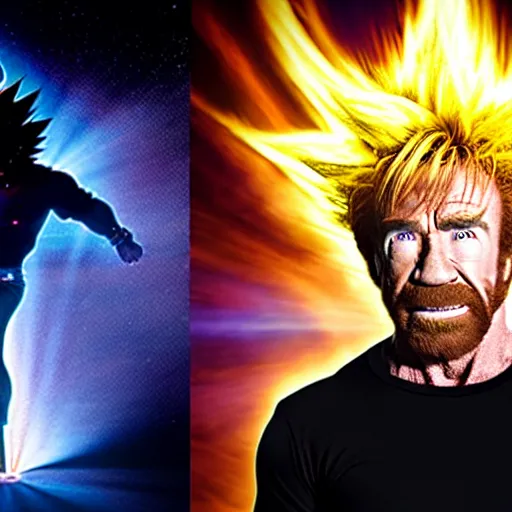 Image similar to uhd candid photo of cosmic chuck norris as a super sayian powering up, glowing, global illumination, studio lighting, radiant light, detailed, correct face, elaborate intricate costume. photo by annie leibowitz