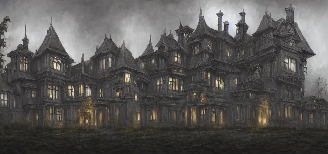 Image similar to A sinister, shadow-filled mansion in the style of Keith Thompson, christopher bretz and kael ngu and Zdzislaw Beksinski, Artstation HD, 8k, Surrealistic digital artwork, highly detailed, digital painting, HDRI, vivid colors, high contrast, 8k resolution, intricate, photorealistic, smooth