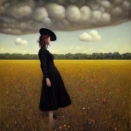 Image similar to a girl standing in a field, wearing black old dress and hat, by andrea kowch, andrea kowch style painting, dark, scene, magicrealism, flowers in background,