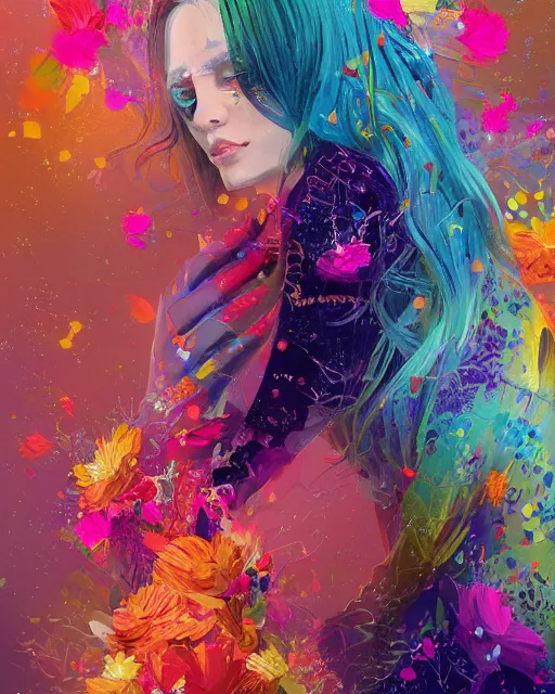 Image similar to portrait of Ewa Reis , colorful clothes, bright colors, silver filigrees, flowers, brushwork, Golden embers flying,vivid color.digital 2D, painterly style, cinematic matte Illustration,trending on pixiv and artstation.Fantastic depth-of-field effect in Bacnground,by Wlop,Mika Pikazo，Yoneyama Mai，Makoto Shinkai, VOFAN