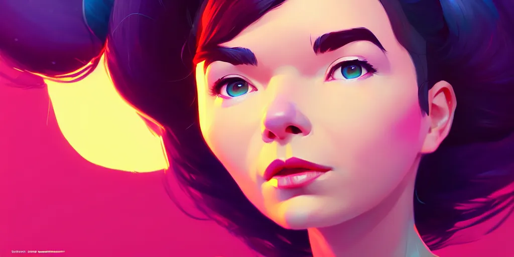 Prompt: low angle portrait of Bjork, tepainting concept Blizzard pixar maya engine on stylized background splash comics global illumination lighting artstation lois van baarle, ilya kuvshinov, rossdraws