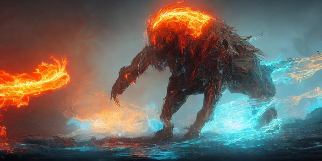 Prompt: A creature made of energy flows of water and fire, a highly detailed epic cinematic concept art CG render, made in Photoshop, excellent composition, dynamic dramatic cinematic lighting, volumetrics, glow, by Dang My Linh