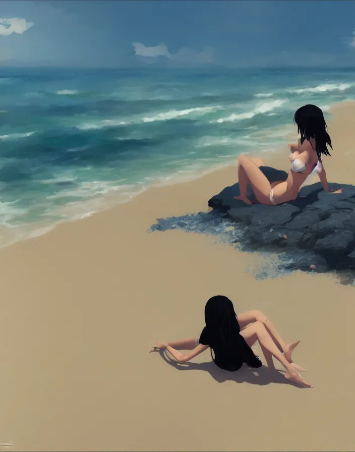 Prompt: a woman sitting on the beach, black bikini, matte, art by ilya kuvshinov and kyoto animation and ruan jia and ross tran, studio quality, aniplex,