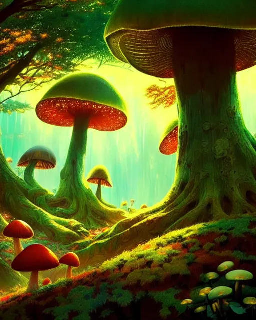 Image similar to magical enchanted mushroom forest, scenery wallpaper aesthetic, beautiful, cinematic, dramatic, super detailed and intricate, by koson ohara, by darwyn cooke, by greg rutkowski, by satoshi kon