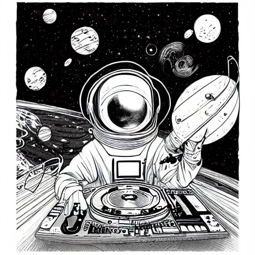 Prompt: james jean, mcbess art of a dj playing in outerspace, sketch