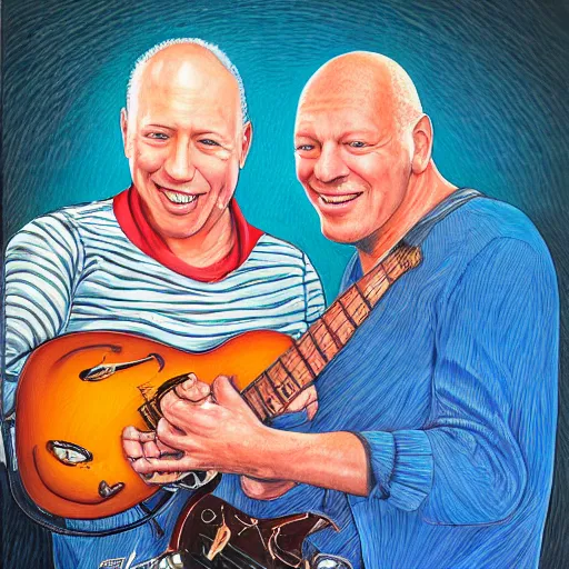 Image similar to portrait of mark knopfler with david gilmour, joyful, highly detailed painting by akira toriyama, 8 k