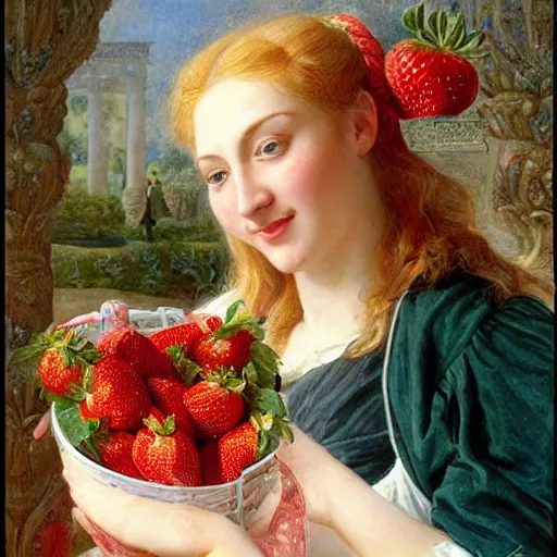 Image similar to A beautiful Blonde Woman with lushes Locks selling strawberries in the style of Sophie Anderson, Portrait