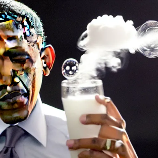 Image similar to Obama hits a bong, many bubbles are seen rising through the beaker bong, lots of filtration and percolation, Obama exhales a big cloud of smoke,