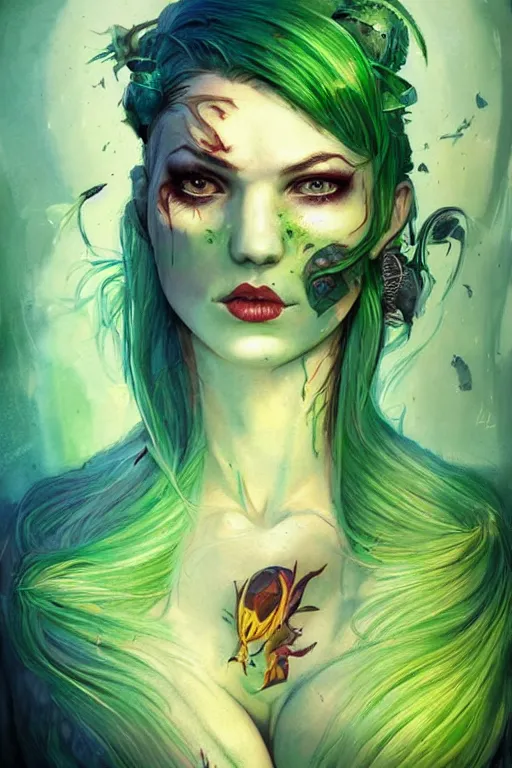 Image similar to upper body portrait shot of green hair tattooed pinup hannah murray, model pose, bright color, sun shining through, sharp focus, highly detailed face, specular reflection, art by anato finnstark and lecouffe deharme and pete mohrbacher and quentin mabille and frank moth, fantasy illustrations, epic light novel cover art