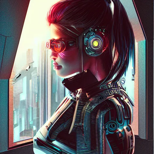 Image similar to portrait of cyberpunk woman looking out of a window, cyberpunk setting, futuristic, highly detailed, intricate lighting, digital painting, sharp focus, illustration, trending on artstation, art by steve argyle.