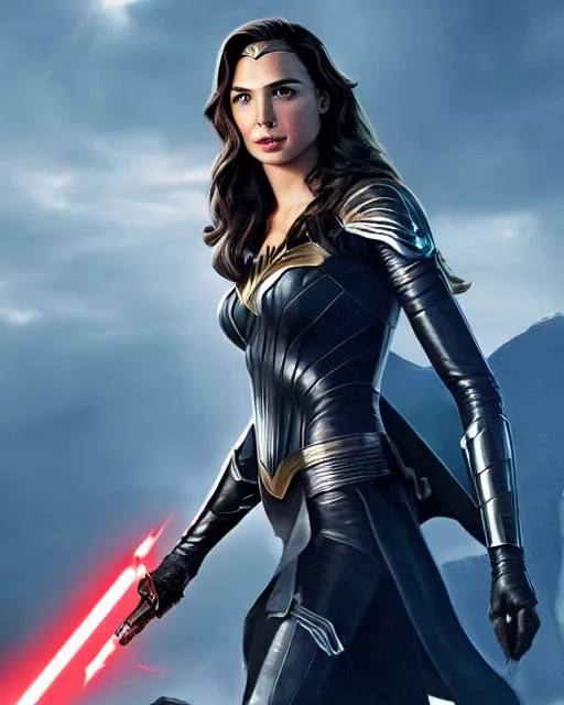 Prompt: gal gadot portraying a beautiful jaina solo from star wars legends, beautiful gal gadot jaina solo in a black suit, movie, hyper realistic, hollywood promotional image, imax, 8 k