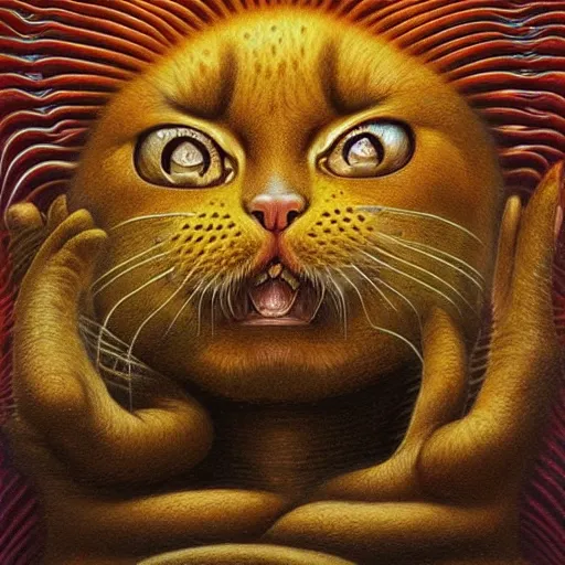 Prompt: a cat having an ego trip, by alex grey, by Esao Andrews and Karol Bak and Zdzislaw Beksinski and Zdzisław Beksiński, trending on ArtStation