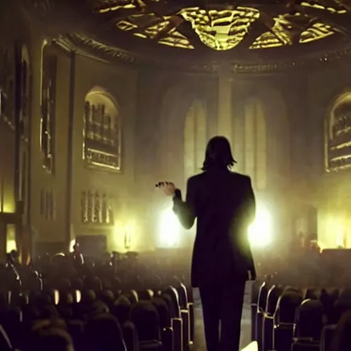 Image similar to cinematic still of John Wick performing in a modern worship concert in John Wick (2009). modern worship singing. dynamic lighting. shallow depth of field, cinematic