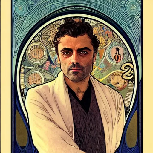 Image similar to oscar isaac portrait by louis - theophile hingre and alphonse mucha, realistic, sharp focus, zodiac signs, tarot cards, planets, ethereal, art nouveau, magic, moon, sun, crown, dreamy, royal, jewellery