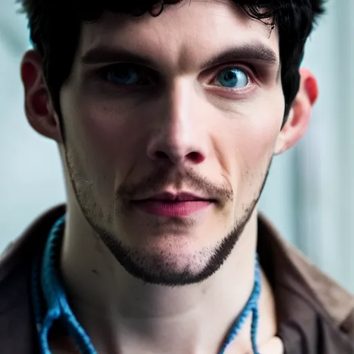 Image similar to Colin Morgan as Cyberpunk Merlin