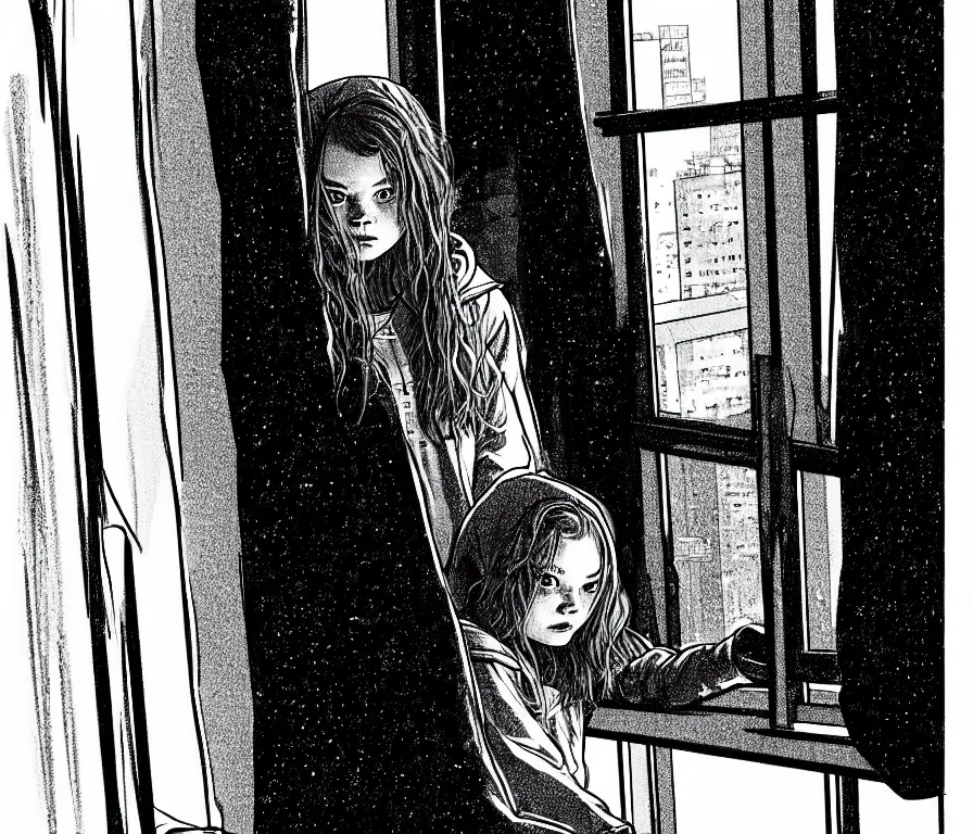 Prompt: sadie sink in hoodie, knees tucked in, on windowsill | rain falls at night : b & w storyboard drawing, scifi cyberpunk. by gabriel hardman, joe alves, chris bonura. cinematic atmosphere, detailed and intricate, perfect anatomy