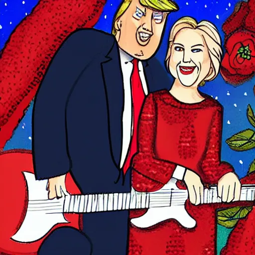 Prompt: Donald trump romantically seranading Hillary Clinton with guitar in a moonlit garden