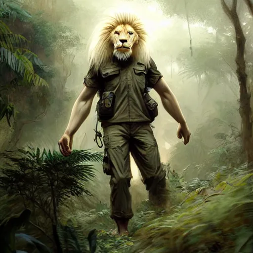 Image similar to commission portrait of a male anthro albino lion,wearing cargo pants and a boack t-shirt,going through a jungle cautiously.dramatic,character design by charles bowater,greg rutkowski,ross tran,hyperdetailed,hyperrealistic,4k,deviantart,artstation,professional photography,concept art