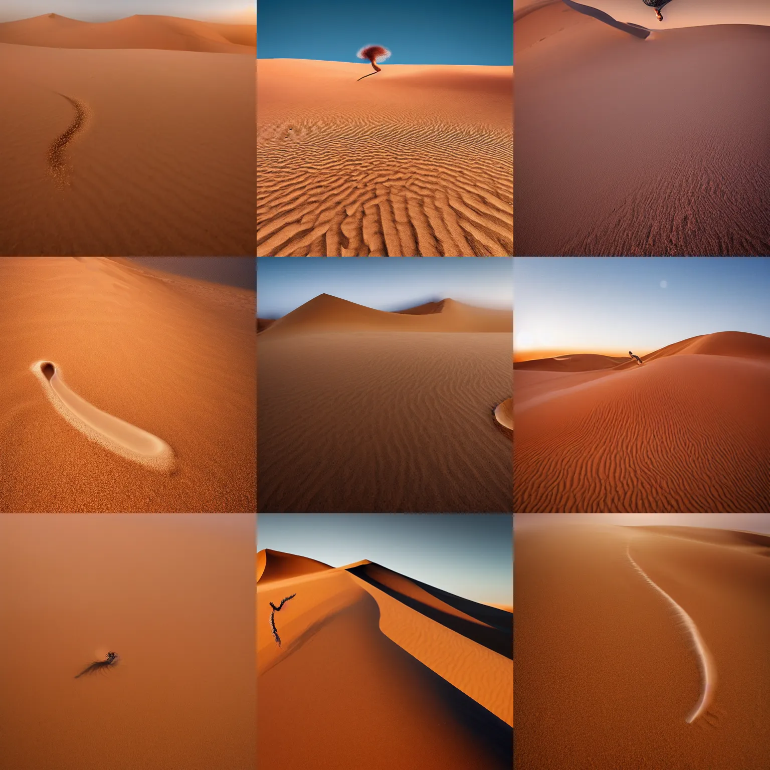 Prompt: nature photography of a monsterous worm leaping from a sand dune, sahara desert, redish sky, distant sandstorm, digital photograph, award winning, digital photograph, telephoto lens, national geographic