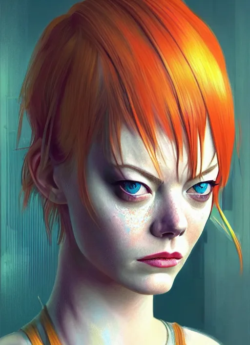 Image similar to portrait of Emma Stone as Leeloo from the fifth element as a character in Cyberpunk 2077, looking at camera, intricate, long blond hair, elegant, sci-fi, extremely detailed, digital painting, artstation, concept art, smooth, sharp focus, illustration, ambient lighting, incredible art by artgerm and greg rutkowski and alphonse mucha and simon stalenhag