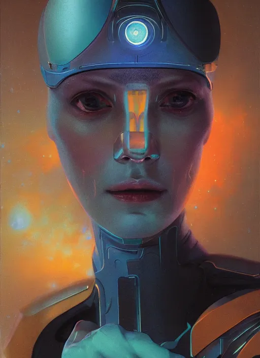 Prompt: ( symmetry ) closeup portrait of a cyborg female scientist, visor, cinematic light, backlight glow, teal orange, mist, by gerald brom, by mikhail vrubel, by peter elson, muted colors, extreme detail, trending on artstation, 8 k