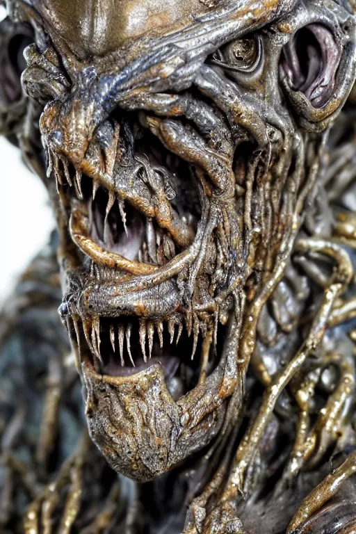 Image similar to photo taken of an epic intricate, ultra detailed, super realistic gritty, wet, slimy, lifelike sculpture of a nightmarish hellish alien ghoulish creature created by weta workshop, zoomed in shots, photorealistic, sharp focus, white wall coloured workshop, cold blueish colour temperture, f 0. 4, face centred, golden ratio, golden hour