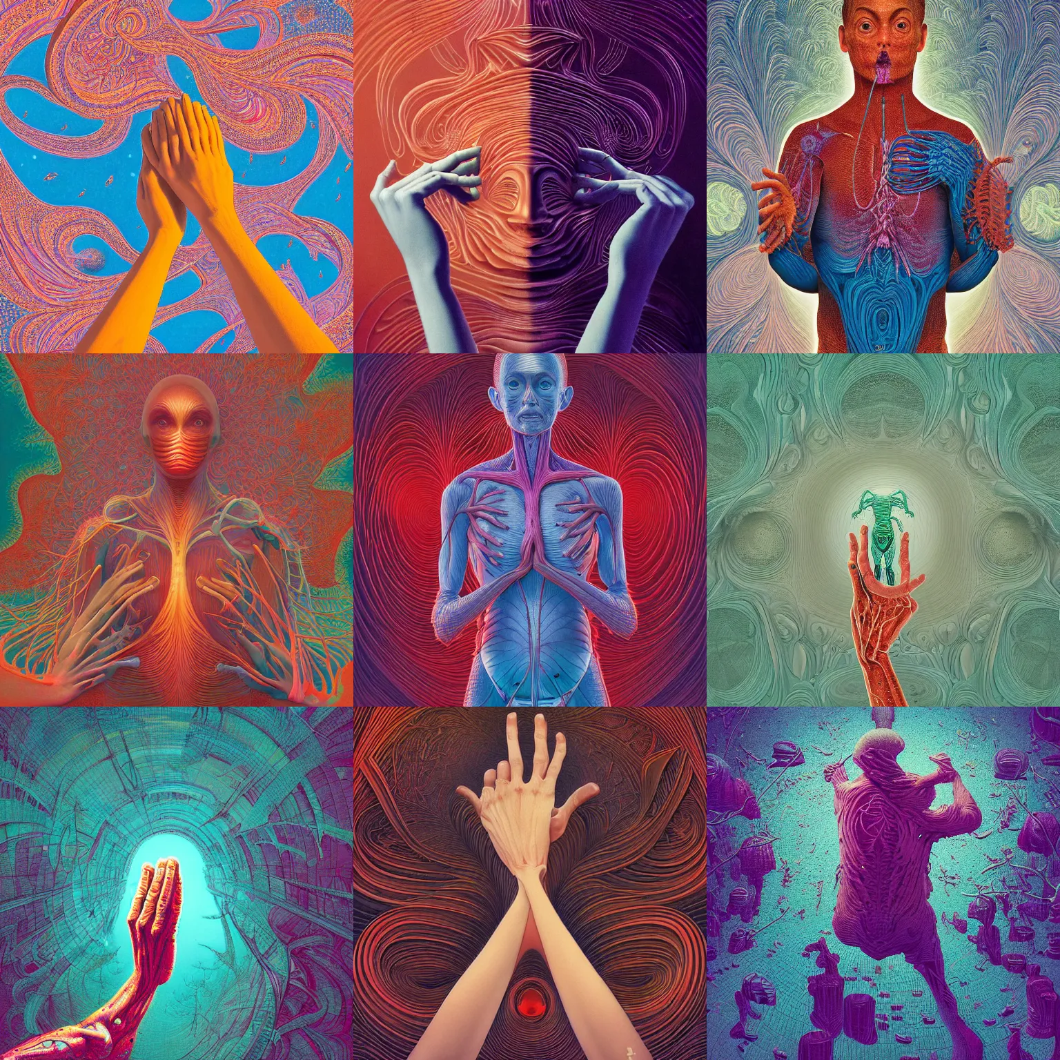 Prompt: kodak portra, 8 k, prana, anatomy, hands reaching, studio light, fine art portrait photography, victo ngai, fashion photography, kilian eng, camille vivier, moebius, digital art, masterpiece, fractal pattern background, alex grey, fantastically beautiful, beksinski, dan mumford, simon stalenhag, artstation