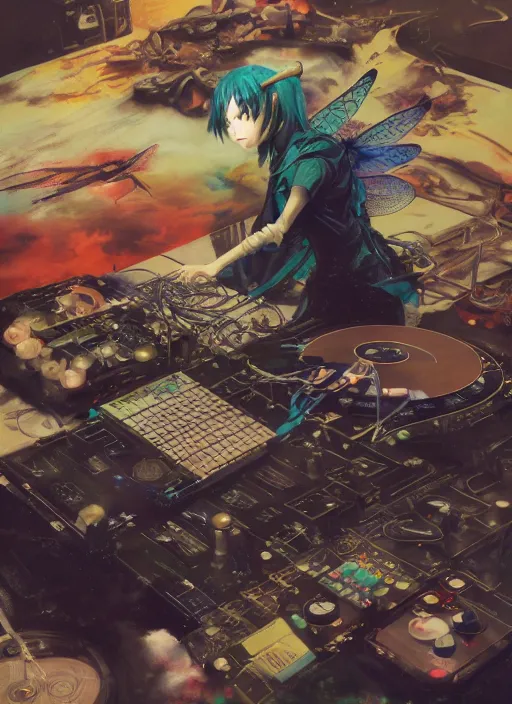 Image similar to surreal gouache painting, by yoshitaka amano, by ruan jia, by Conrad roset, by good smile company, detailed anime 3d render of a magical Dragonfly flying on a DJ Mixer, Vinyl deck, controller , portrait, cgsociety, artstation, rococo mechanical and Digtanl and electronic, dieselpunk atmosphere