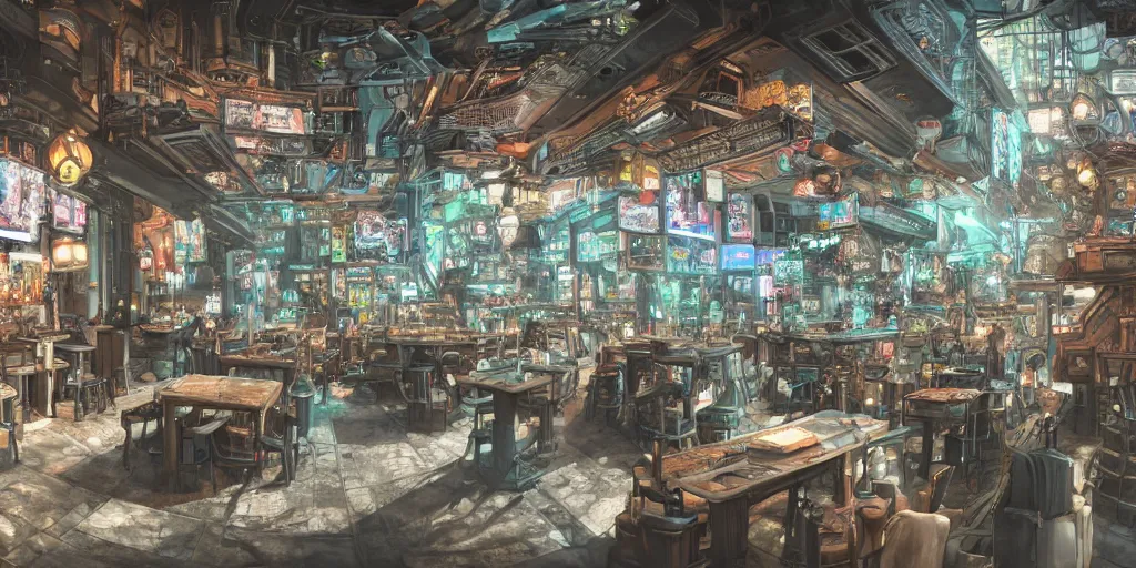 Prompt: Highly detailed realistic photo of interior design in style of Hiromasa Ogura and Josan Gonzalez of detailed cyberpunk tavern with minimalism stone walls and neon lights, a lot of electronics and people, many details. Natural white sunlight from the transperient roof. Panorama on 360 degrees Rendered in 32K in VRAY and DaVinci Resolve and MAXWELL and LUMION 3D, Volumetric natural light