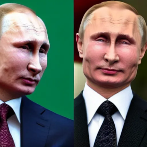 Image similar to putin teams up with a teenage putin, perfect faces