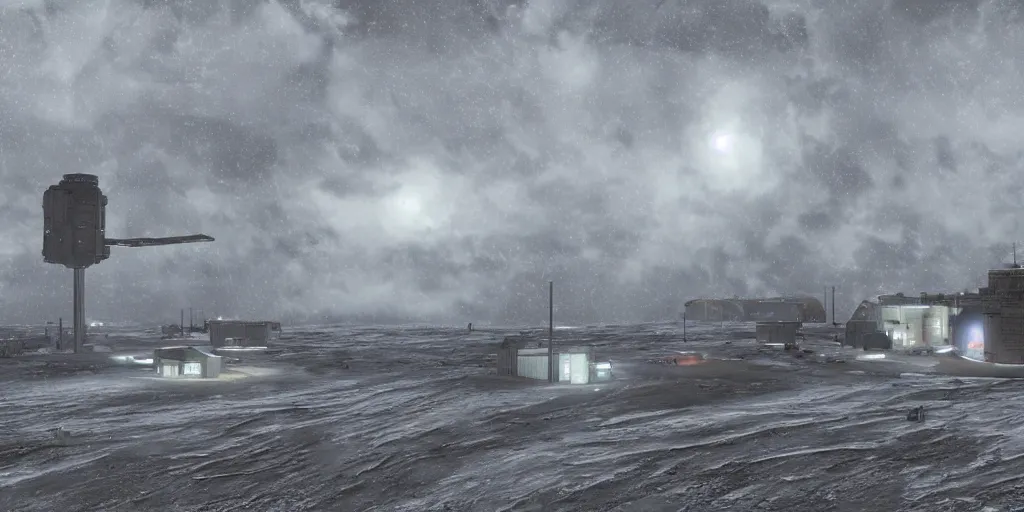 Prompt: hadley's hope base on lv 4 2 6 in the middle of the storm, atmosphere processor in the background, night, photorealistic, highly detailed, wide angle