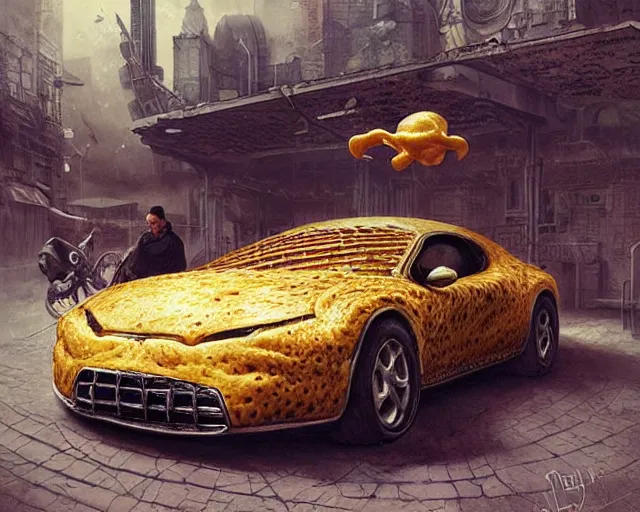 Prompt: a car made of cheese, many holes, concept art by joao ruas, highly detailed, hyperrealistic, artgerm, Tomasz Alen Kopera, WLOP, Boris Vallejo