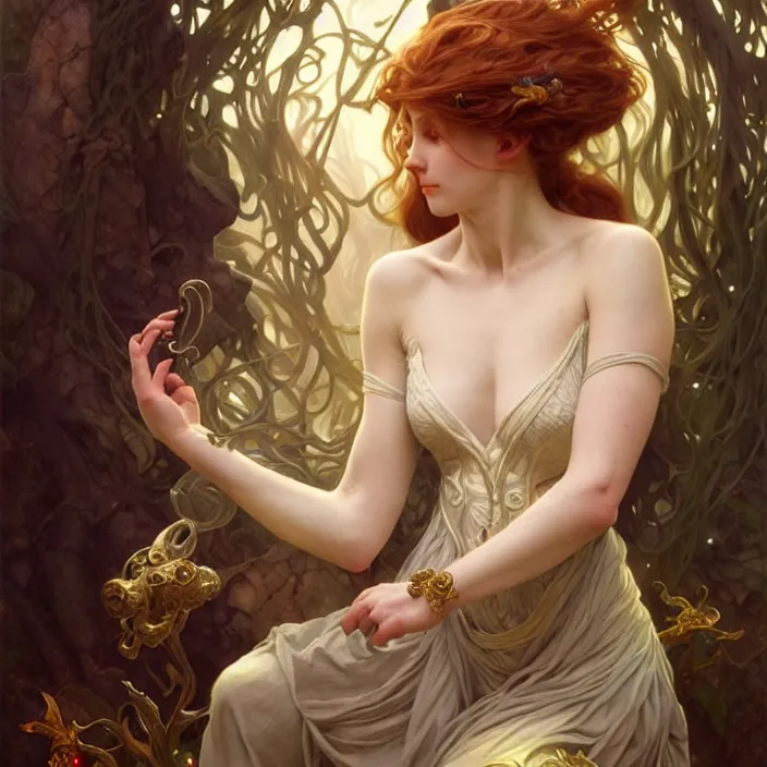 Prompt: Lyra and her dæmon, diffuse lighting, fantasy, intricate, elegant, highly detailed, lifelike, photorealistic, digital painting, artstation, illustration, concept art, smooth, sharp focus, art by John Collier and Albert Aublet and Krenz Cushart and Artem Demura and Alphonse Mucha