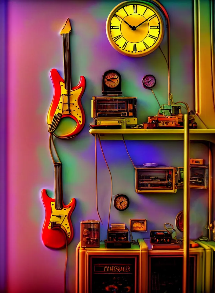 Image similar to telephoto 7 0 mm f / 2. 8 iso 2 0 0 photograph depicting the feeling of chrysalism in a cosy safe cluttered french sci - fi art nouveau cyberpunk apartment in a pastel dreamstate art cinema style. ( electric guitar ) ( ( fish tank ) ) ( ( clock ) ), ambient light.