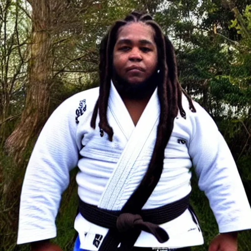 Image similar to photo of chubby black bjj athlete with long dreads posing, serious face, white belt