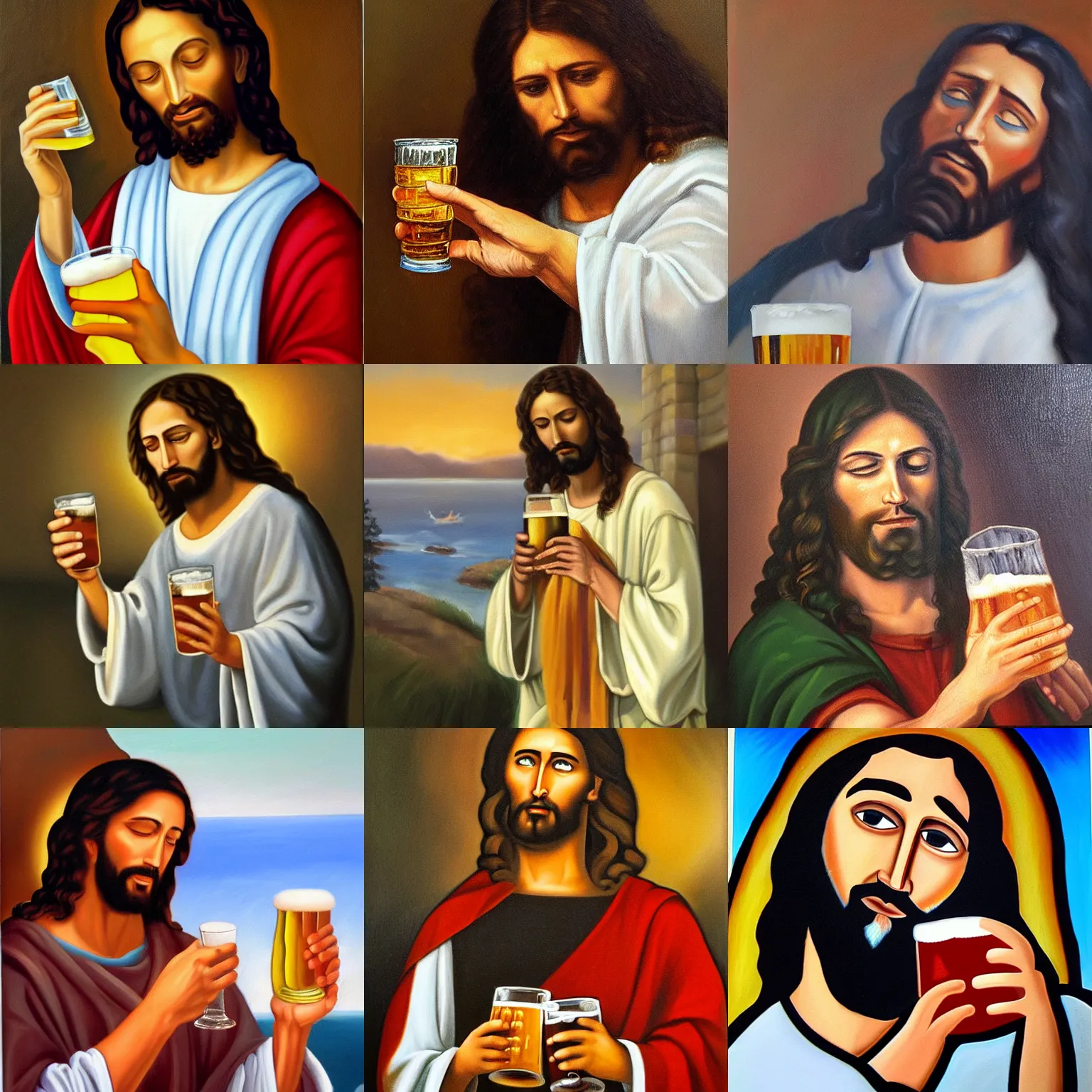 Prompt: oil painting of jesus drinking beer