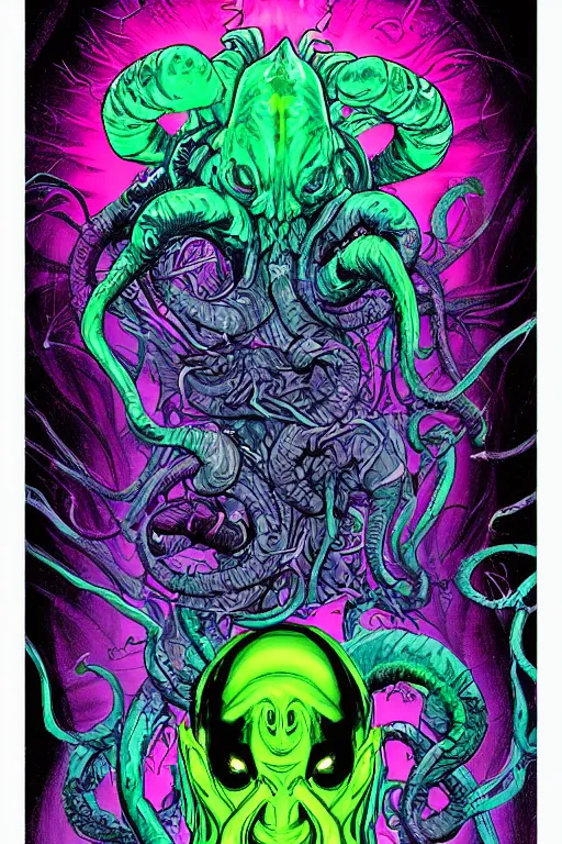 Image similar to comic art portrait of jewel fluorescent evil cthulhu in the style of Rob Lefield and Dan Mumford , trending on artstation, digital art,surrealism ,macro,blueprint ,vaporwave , black outline