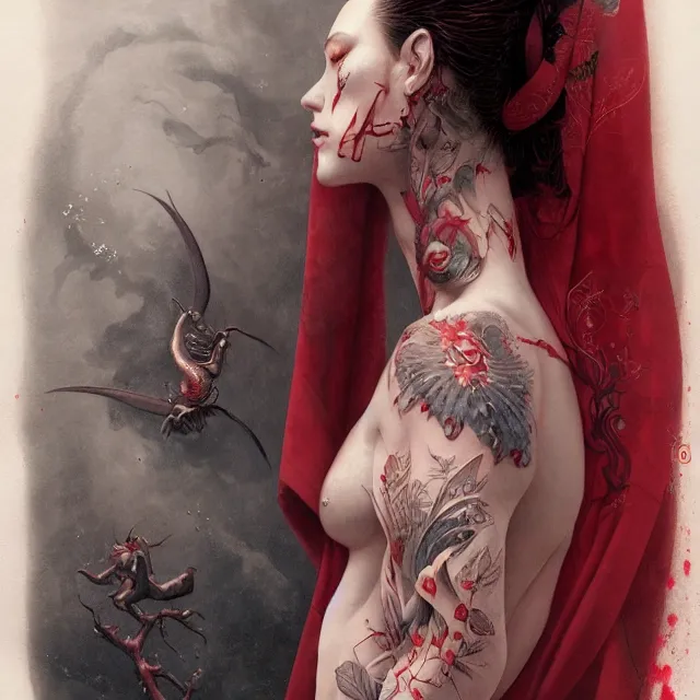 Image similar to ultra realistic illustration, beautiful ethereal woman dressed in red kimono, backview, tattoos, in the style of peter mohrbacher by weta digital and beth cavener, high face symmetry, intricate, masterpiece, award winning, high face symmetry, intricate