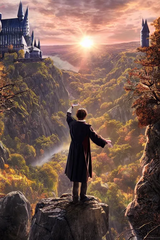 Prompt: Harry potter looking down to Hogwarts, happy after a long fight, photo-realistic, golden hour, epic