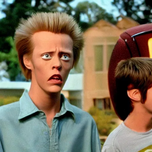 Prompt: a movie still of the beavis and butthead live - action movie played by teenage actor look - alikes with highly detailed correctly proportioned faces