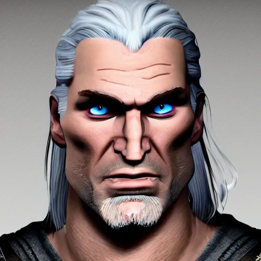 Image similar to silly cartoon caricature of grumpy herp derp wackadoo geralt of rivia, 4k resolution, highly detailed