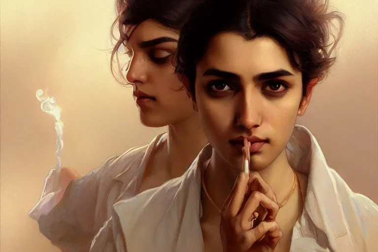 Image similar to Anxious good looking pale young Indian doctors smoking, portrait, elegant, intricate, digital painting, artstation, concept art, smooth, sharp focus, illustration, art by artgerm and greg rutkowski and alphonse mucha