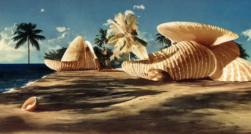 Image similar to a giant seashell house in the middle of nowhere, cinematography by syd mead, gregory crewdson