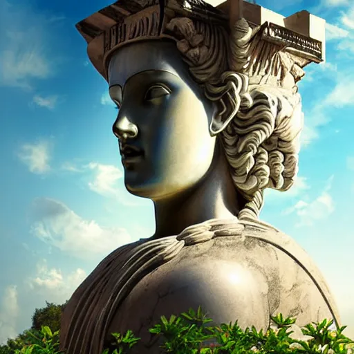 Prompt: beatiful young greek godess in steel helmet looking from a giant Zeus head, greek temple of olympus glory island little wood bridge painting of tower ivy plant in marble late afternoon light, wispy clouds in a blue sky, by frank lloyd wright and greg rutkowski and ruan jia