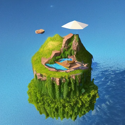 Image similar to a floating island with lake sorapis landscape isometric art, low poly art, game art, artstation, 3D render, high detail, cgsociety, octane render, sharp focus