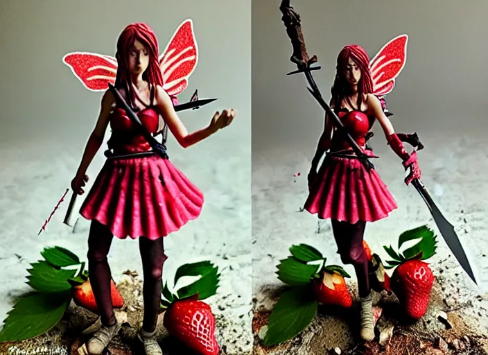 Prompt: a dramatic femo figurine of a cute funny spear wielding strawberry fairy survivalist with bandages wearing a dirty floral torn strawberry dress featured on the walking dead by kentaro miura and gamesworkshop, carrying survival gear, wearing strawberry backpack, using a modelling knife as a spear, dark foreboding atmosphere, 🎀 🗡 🍓 🧚